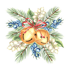 Christmas golden round jingle bells on spruce tree branch with juniper berries, watercolor isolated illustration for festive desing. Hand drawn green fir twig winter holiday traditional decoration.