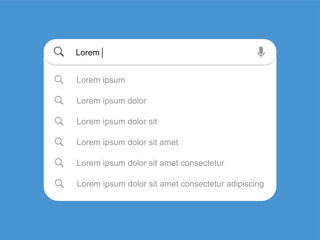 Search bar with smart suggestions and result dropdown. UI template for website search form, including navigation icon and address bar symbol in clean vector style.