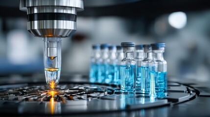 Advanced robotic mechanism performing high precision scientific tasks in a laboratory with silver cylindrical components