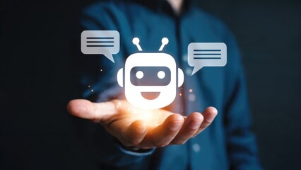 Unlock AI conversations with this friendly chatbot icon held in a supportive hand