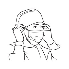 Doctor or surgeon putting on protective face mask and cap. Healthcare worker preparing for surgery, line art illustration.
