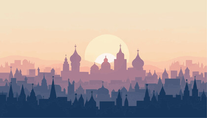 Silhouette of Historic City Skyline with Sun Setting Behind Church Domes and Towers
