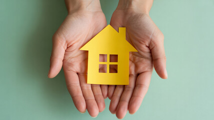 Hands holding a yellow paper cutout of a house symbolizing home ownership and real estate