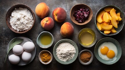 Flat lay of a deconstructed peach pie layout with all ingredients laid separately