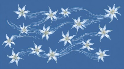 Light blue flowers on a dark blue background, flowing lines