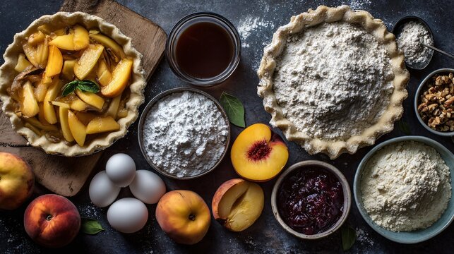 Flat lay of a deconstructed peach pie layout with all ingredients laid separately