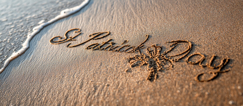 "St. Patrick’s Day" Written in Smooth Wet Sand with Minimalist One-Line Shamrock Drawing and Calm Shoreline Foam – Wide Banner for Celebration and Event Marketing