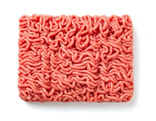 A rectangular slab of ground meat, pink in color, is presented against a stark white background, viewed from directly above