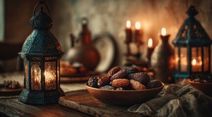 Obraz premium Dates in bowl, lantern, candles, rustic setting