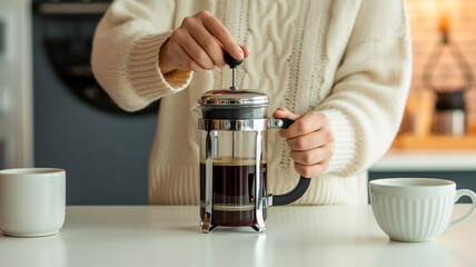 Woman in cozy sweater preparing coffee with a french press in a bright kitchen