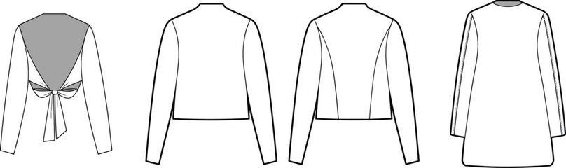 Long sleeve top technical fashion sketch, CAD flat vector illustration, blouse and jacket back view, sewing pattern for clothing design.