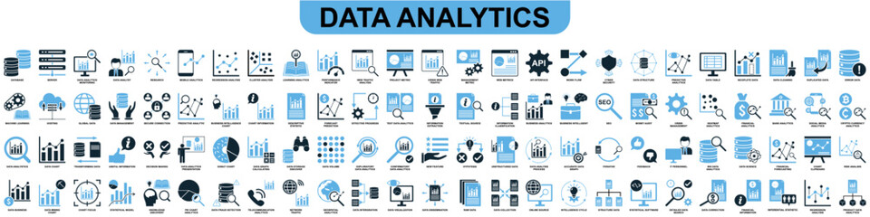 Set data analytics icon vector for business intelligence, reporting, and data science. Ideal for illustrating research, statistical analysis, and information insights with a cohesive design.