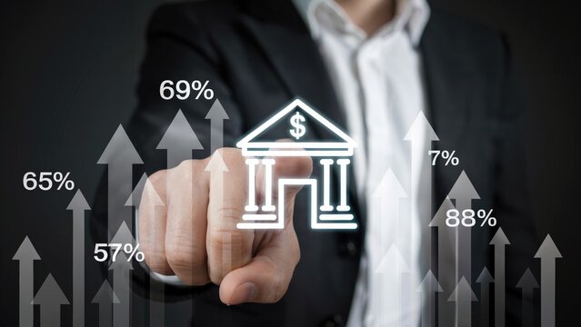 Confidently invest in financial growth, showcasing bank success with rising market indicators and positive trends.