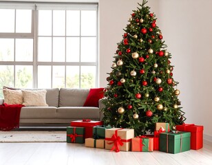 A decorated Christmas tree stands near a gray couch in a bright living room, surrounded by presents