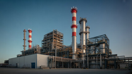 Obraz premium Modern industrial complex with tall smokestacks against a clear blue sky