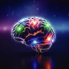 3D model of a human brain, highlighted with colorful energy points, set against a dark background.