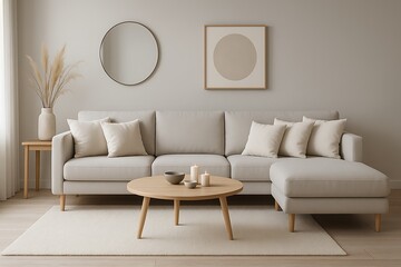 Modern living room with beige sectional sofa, round wooden coffee table, and soft neutral decor