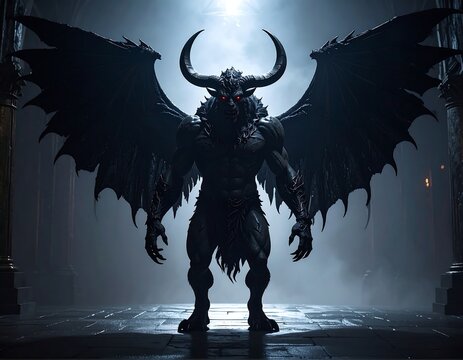 A menacing, horned, winged beast stands in a dimly lit gothic hall - Powered by Adobe