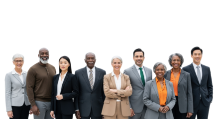 Diverse group of eight multi-ethnic professionals, various ages, confidently in business suits in a line on a transparent studio background, full body, cohesive business team portrait, concept of