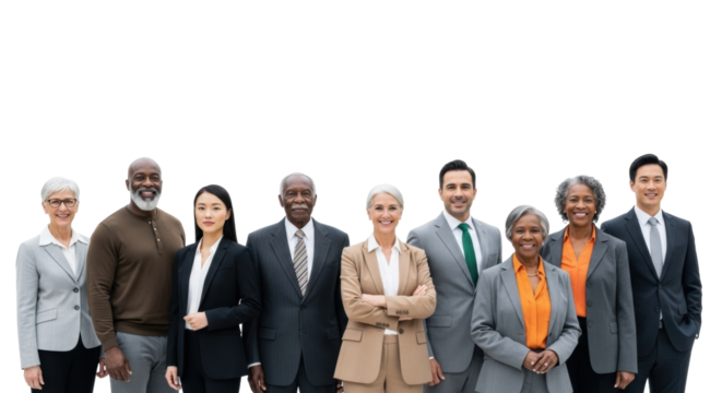 Diverse group of eight multi-ethnic professionals, various ages, confidently in business suits in a line on a transparent studio background, full body, cohesive business team portrait, concept of