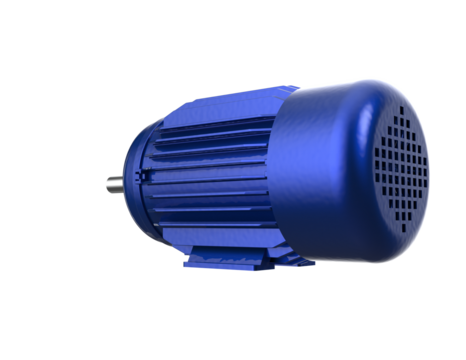 Detailed 3D Render of Bright Blue Industrial AC Electric Motor: High-Efficiency Three-Phase Asynchronous Machinery for Factory Automation and Power Systems, Isolated PNG Transparent HD Background.