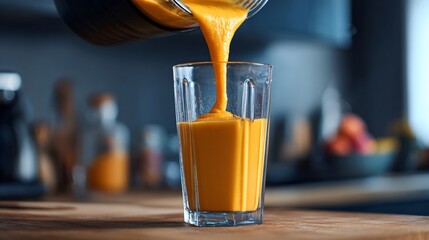 Flat lay of blender in motion with peach smoothie being poured, active kitchen counter