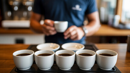 Barista carefully tasting coffee samples during a professional cupping session