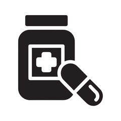 Pill bottle and capsule glyph icon, medical container with cross symbol for pharmacy and healthcare.
