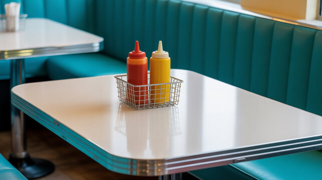 Classic diner booth seating with ketchup and mustard bottles on a table