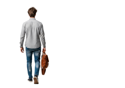 Young caucasian man with tousled brown hair, wearing a light grey shirt, distressed blue jeans, and casual shoes, carrying a brown leather satchel, walks forward from a slightly high angle on a clean