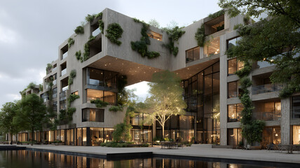 Fototapeta premium Modern Green Apartment Building Near Waterway
