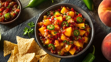 Flat lay of fresh peach salsa with jalapenos and cilantro, tortilla chips on the side, sunny surface