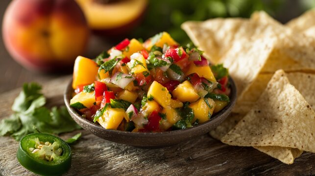 Flat lay of fresh peach salsa with jalapenos and cilantro, tortilla chips on the side, sunny surface - Powered by Adobe