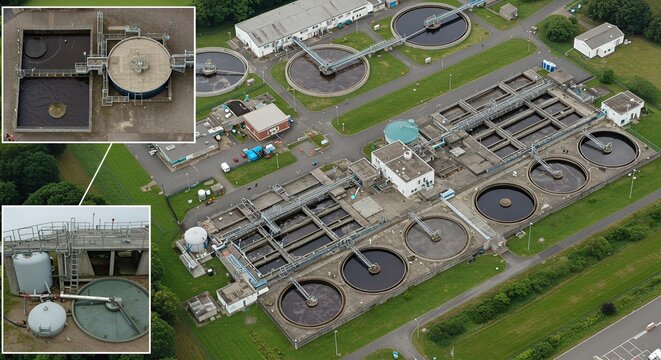 Aerial View of Wastewater Treatment Plant with Close-Ups of Clarifiers