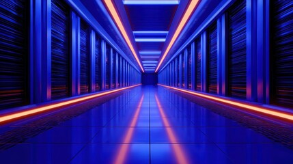 Fototapeta premium Futuristic data center corridor with vibrant blue and orange lighting, reflecting on polished floors