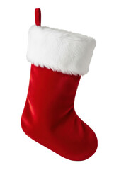 A single red velvet Christmas stocking with luxurious white faux fur trim and a red hanging loop, new and empty, against a transparent isolated background with bright studio lighting, festive holiday