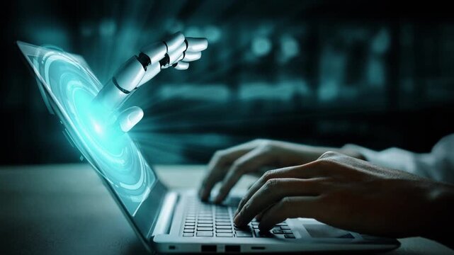 Futuristic robot artificial intelligence enlightening AI technology development and machine learning concept. Global robotic bionic science research for future of human life. 3D rendering graphic.