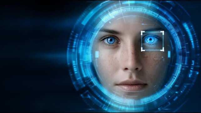 Human face with blue eye biometric recognition and futuristic digital interface scanning technology featuring glowing circular HUD elements and advanced security identification system - Powered by Adobe