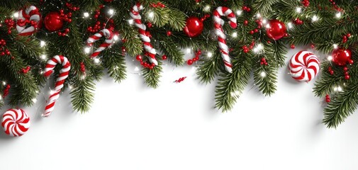 The festive Christmas decorations with candies and ornaments on pine branches.