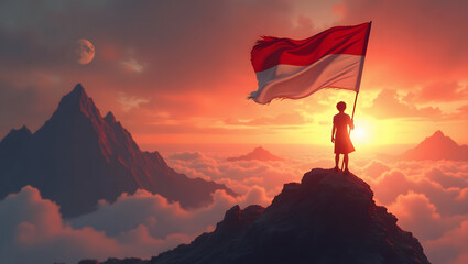 Proud moment of youth holding Indonesia's red and white flag above the clouds