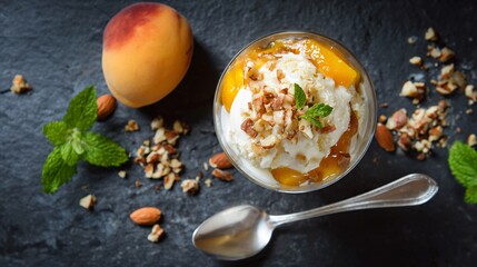 Flat lay of homemade ice cream topped with peach compote and chopped nuts