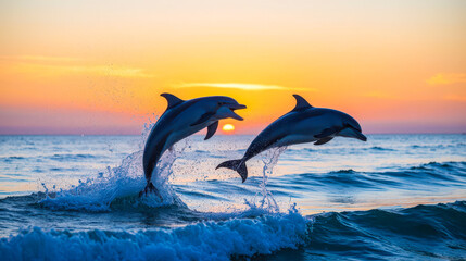 Two energetic dolphins jumping and splashing in ocean waves at sunset, dynamic playful wildlife scene showing amazing animal action