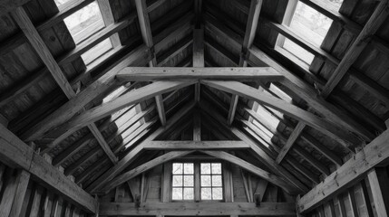 Obraz premium Wooden roof structure of an old building interior.