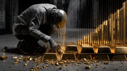 Man Melting into Gold Bars Symbolizing Greed and Loss of Identity perfect for financial crisis articles, economic inequality discussions, dystopian editorials and corporate greed metaphors