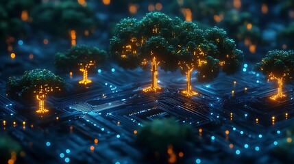 Digital forest of glowing trees integrated with circuit board patterns, symbolizing the fusion of technology and nature in a futuristic concept.
