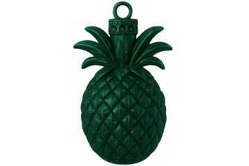 Glittery green pineapple ornament suspended, transparent backdrop highlighting festive tropical design