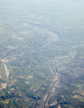 Aerial view of River Meuse flowing through Liege on a sunny morning