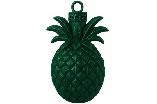 Glittery green pineapple ornament suspended, transparent backdrop highlighting festive tropical design - Powered by Adobe