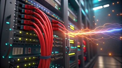 Brightly lit server room with thick red cables and glowing digital energy streams