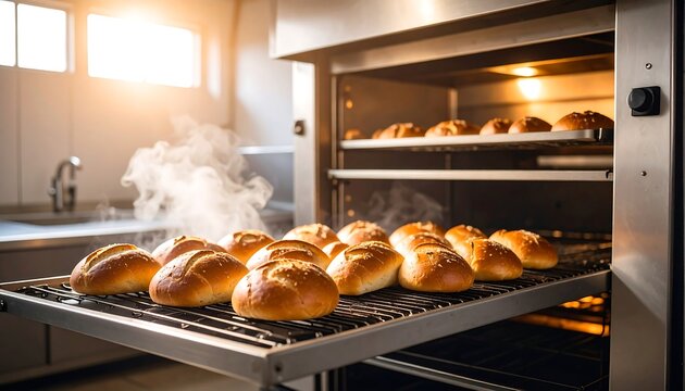 Freshly baked bread in a commercial oven